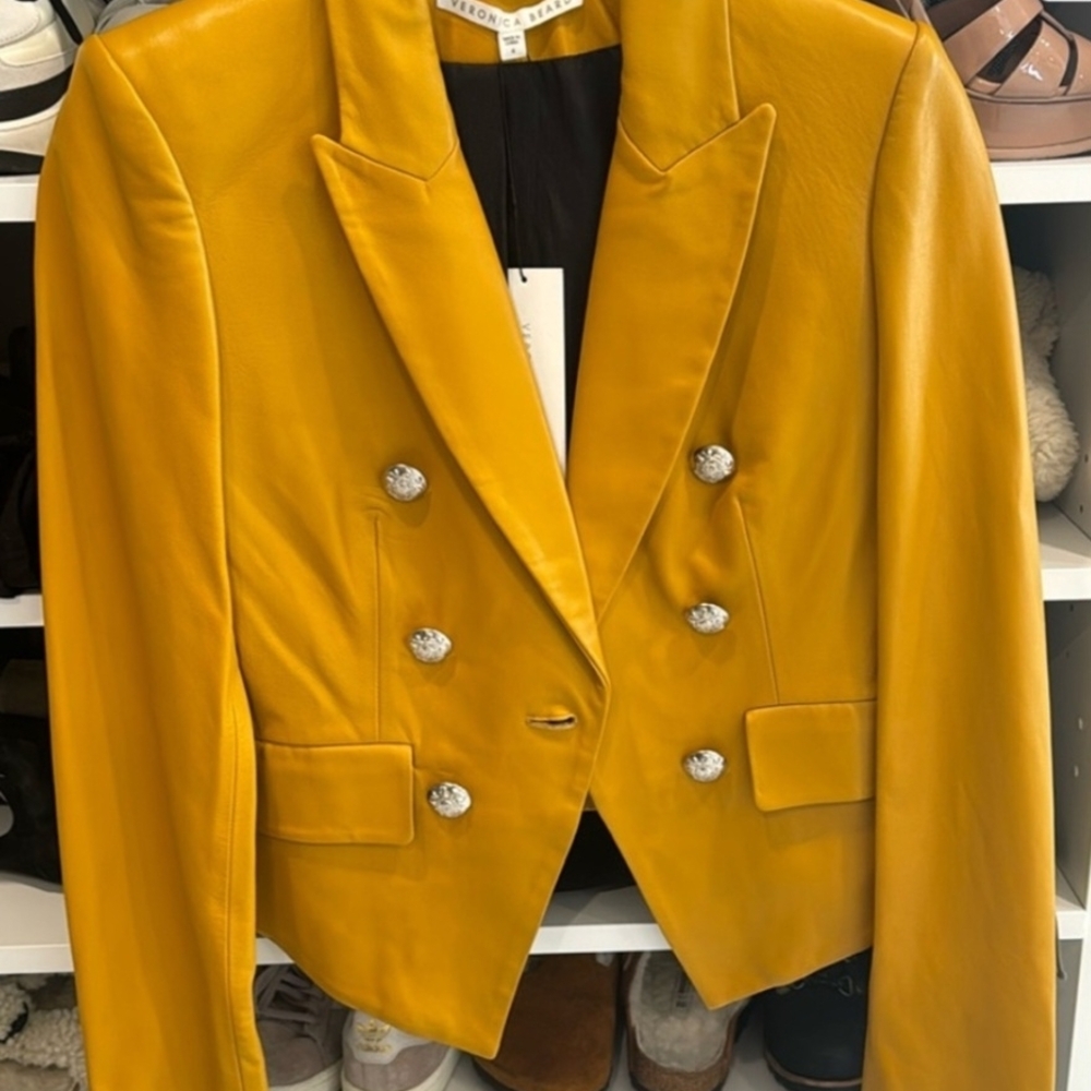 Veronica Beard Mustard Yellow Double-Breasted Leathet Jacket